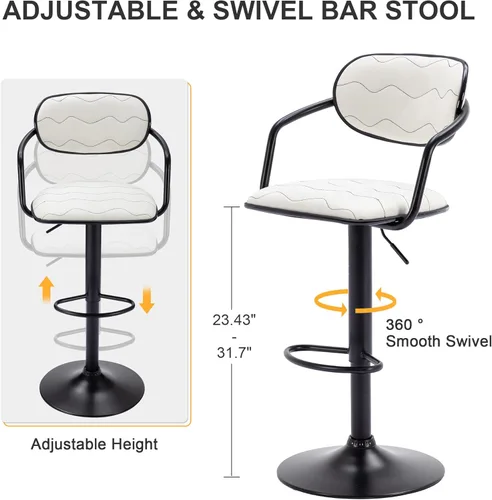 Miniatura 3 de VECELO Juego de 2 taburetes de bar, taburetes de bar ajustables con respaldo y brazo, sillas de bar giratorias/taburetes de isla de cocina de piel