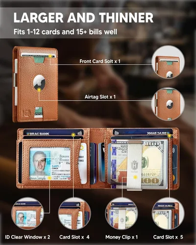 Miniatura 2 de Hairao Billetera AirTag para hombre, de piel auténtica, delgada, con soporte para Airtag y ventana de identificación, bloqueo RFID, plegable
