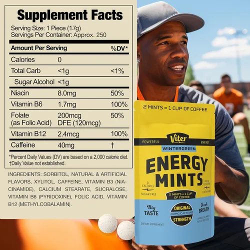 Miniatura 7 de Viter Energy Mentas de cafeína de 40 mg, sin azúcar, vitaminas B, veganas, aumenta el enfoque de alerta energizado rápido, píldoras de suplemento