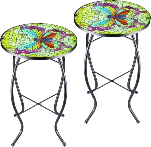 Miniatura 8 de Arbuxzuy Mesa auxiliar pequeña de 12 pulgadas para exteriores con mosaico azul-blanco, mesa de patio con mosaico de vidrio para interiores, mesa