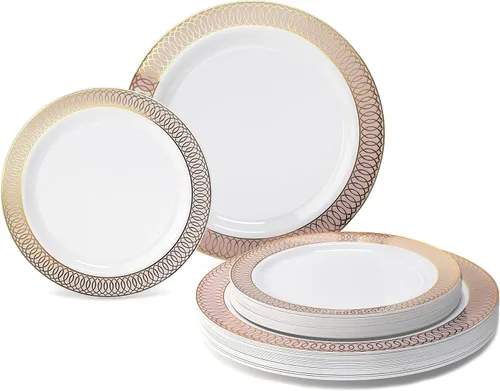 Miniatura 19 de OCASIONES" Paquete de 50 platos (25 invitados) - Juego de platos de plástico desechables pesados para fiestas de boda - 25 x 10.5'' cena + 25 x