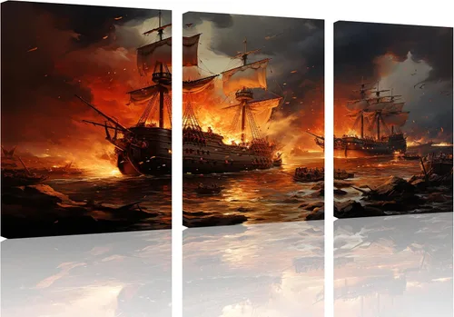 Miniatura 21 de TutuBeer 3 Piezas Arte de Pared Batalla Naval Barco Imagen Barco Pirata Velero Póster Barco Pirata Azul en Llamas Imagen Impresa en Lienzo Póster