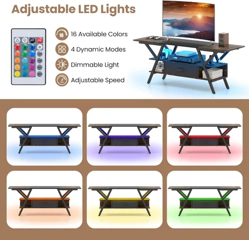 Miniatura 5 de Giantex Soporte de TV con tomas de corriente para TV de 55 a 65 pulgadas, centro de entretenimiento de 3 niveles con luces LED y control remoto