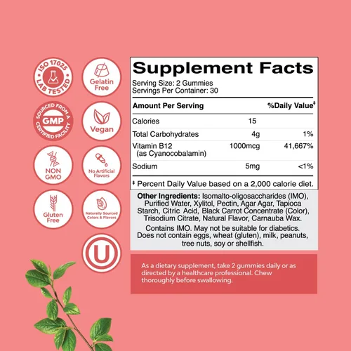 Miniatura 3 de Gomitas de vitamina B12 para adultos, vitamina B12 sin azúcar, 1000 mcg, gomas masticables para energía y apoyo del estado de ánimo, salud