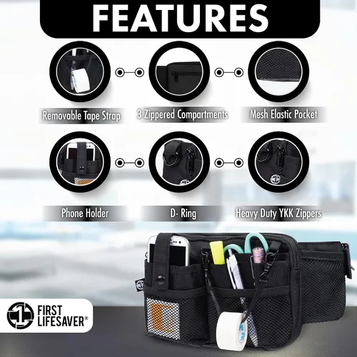 Miniatura 2 de First Lifesaver Riñonera para enfermera con múltiples compartimentos y soporte de cinta para enfermeras y estudiantes de enfermería, Negro