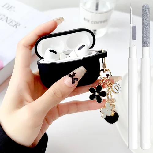 Miniatura 32 de Bonita funda negra para Airpods de 2ª/1ª generación para niñas y mujeres, con llavero de pompón de flores y kit de limpieza, funda protectora tipo