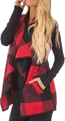 Miniatura 2 de dgdgbaby Women Sleeveless Cardigan Coat Lapel Open Front Plaid Vest Women Coat with Pockets