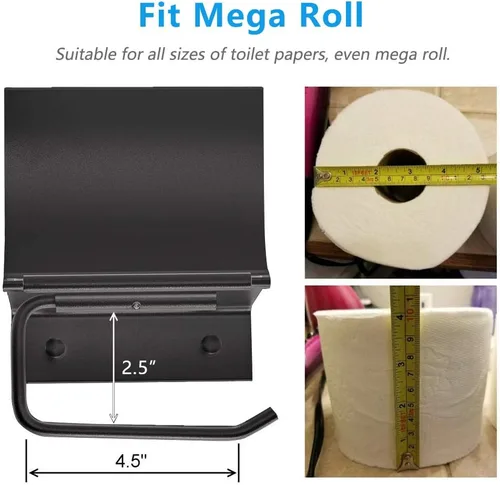 Miniatura 6 de Soporte de papel higiénico negro mate montado en la pared con estante para teléfono, soporte universal moderno para papel higiénico de megarrollo