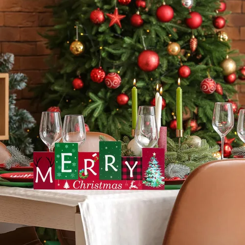 Miniatura 3 de Decoraciones de mesa de Navidad, centros de mesa de invierno de madera, Feliz Navidad, reversible, patrón de doble cara, letrero de pie para mesa