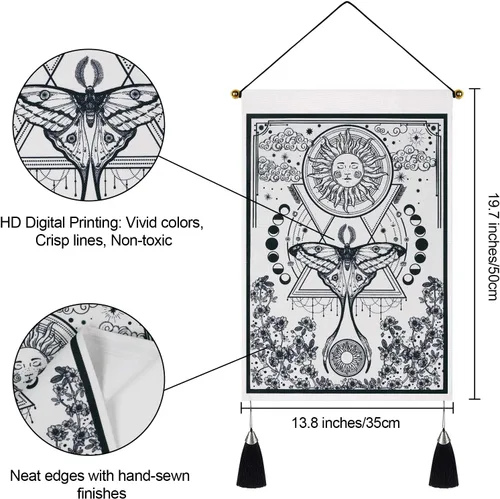 Miniatura 7 de Paquete de 2 tapices de sol y luna, tapiz blanco y negro con diseño de vid de flores, para colgar en la pared para habitación (13.8 x 19.7 pulgadas)