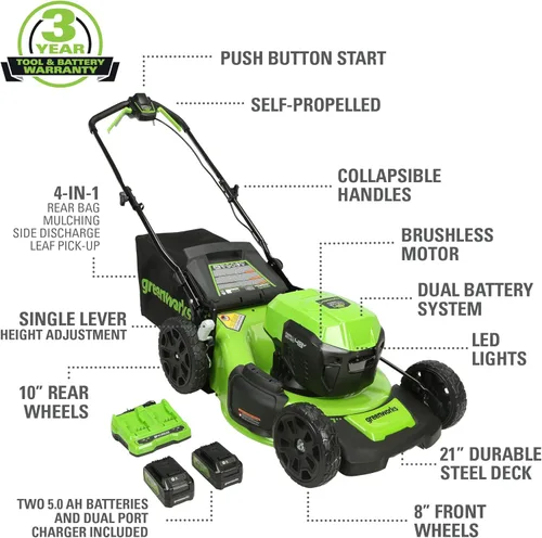 Miniatura 2 de Greenworks 48V (24V x 2) Herramienta de patio inalámbrica de alto rendimiento Combo: cortacésped autopropulsado de 21 pulgadas, recortadora