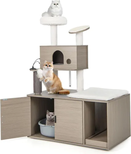 Tangkula Árbol para gatos con caja de arena, torre para gatos con caja de arena, condominio para gatos, tabla de rascar, perca de felpa suave, bolas