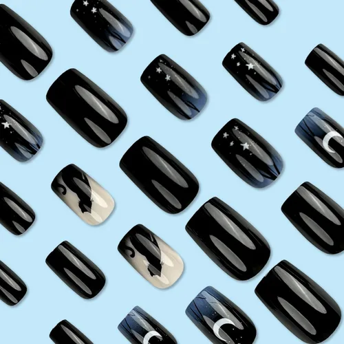 Miniatura 3 de Uñas postizas a presión de Halloween, uñas postizas cuadradas cortas con diseños de gato negro, acabado degradado brillante, cobertura completa