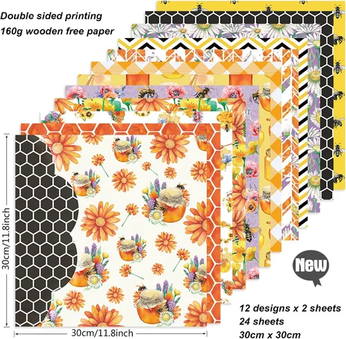 Miniatura 2 de Bloc de papel de doble cara para álbum de recortes de 12 x 12 pulgadas, diseño de abeja amarilla y negra, paquete de origami para manualidades