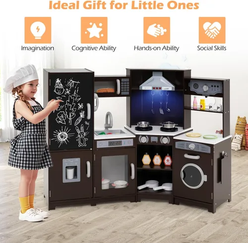 Miniatura 9 de GLACER Cocina de madera de esquina para niños, juego de cocina grande con sonido, luz, pizarra, microondas, máquina de hielo, lavadora, accesorios