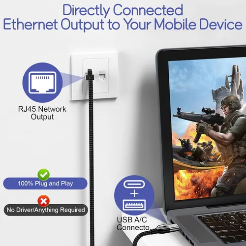 Miniatura 2 de Herfair Cable Ethernet a USB C Gigabit LAN Cable de Internet 1000Mbps Cable adaptador RJ45 a USB de alta velocidad para laptop, tableta, PC