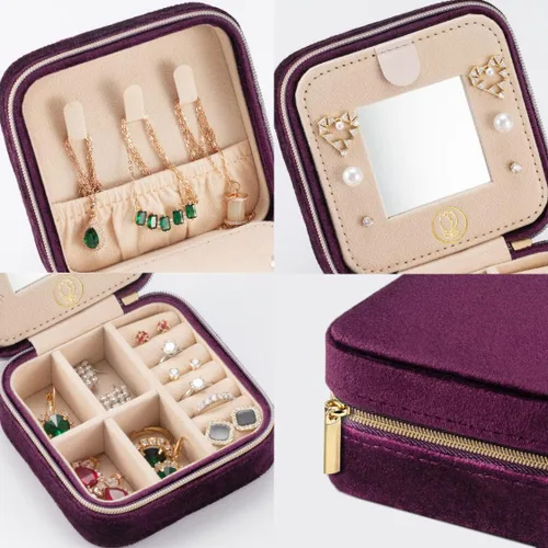 Miniatura 3 de ZPROW Joyero de viaje de terciopelo de felpa, organizador de joyas de viaje, estuche de viaje para joyas, joyero de viaje, pequeño joyero