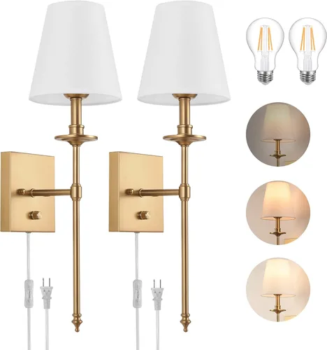 Juego de dos apliques de pared regulables, apliques de pared enchufables con pantalla de tela blanca, lámpara de pared para dormitorio, sala de