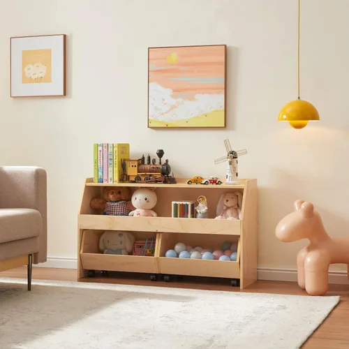 Miniatura 9 de Montessori - Estante organizador de juguetes 3 en 1 para niños con ruedas, 2 cajones extraíbles y armario de almacenamiento de madera de 2 niveles