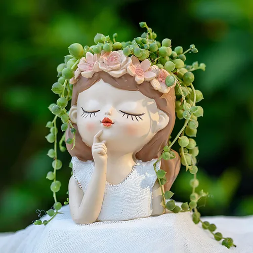 Miniatura 5 de Maceta pequeña con cabeza de hada, bonitas macetas para suculentas, maceta de cara de niña, mini macetas de resina con orificio de drenaje, jarrón