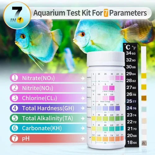Miniatura 2 de Umlecoa Kit de prueba de acuario 7 en 1 para agua dulce y salada - 125 tiras de prueba de acuario con tubo de ensayo y termómetro - Tiras de prueba