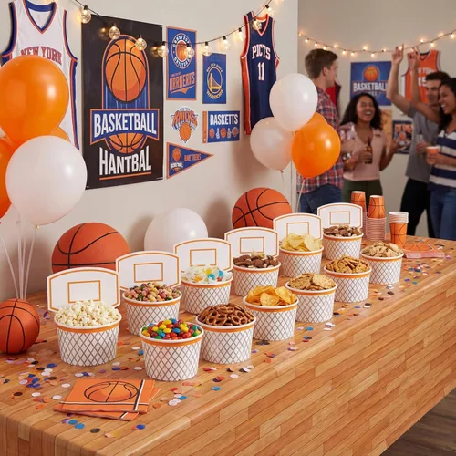 Miniatura 5 de Suclain 48 tazas de aro de baloncesto para aperitivos, decoraciones de fiesta de baloncesto, suministros de papel para aperitivos, cuencos de comida