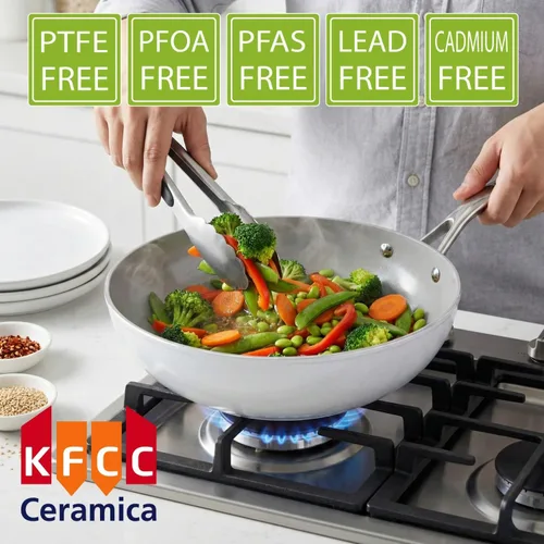 Miniatura 4 de TECHEF - Wok/sartén antiadherente de cerámica CeraTerra de 12 pulgadas con tapa de vidrio, exterior e interior de cerámica libre de PTFE y PFOA