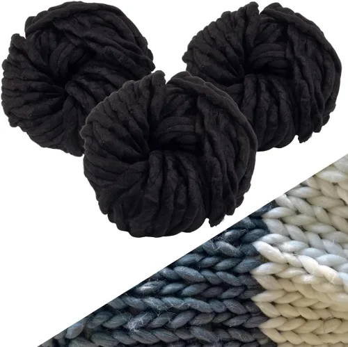 Paquete de 3 hilos gruesos de lana vegana (111 yardas en total, 37 cada madeja), color negro, hilo de poliéster esponjoso perfecto para mantas