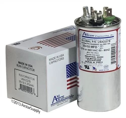 Reemplazo de condensador universal dual redondo de 35 + 10 uf / Mfd Amrad USA2227B - utilizado para 370 o 440 VCA, fabricado en los Estados Unidos.