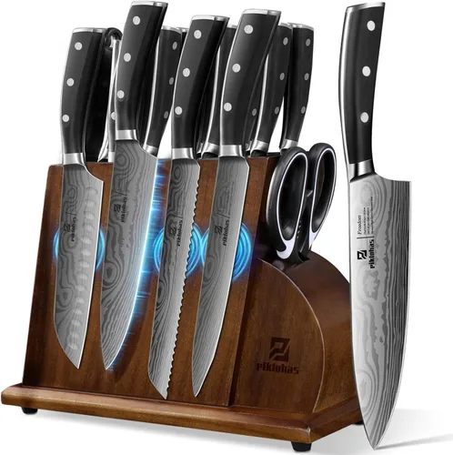 Piklohas Juego de cuchillos para cocina con bloque, 17 piezas con soporte magnético para cuchillos, acero inoxidable alemán de alto carbono, patrón