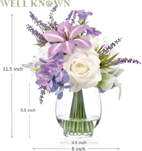 Miniatura 4 de WELL KNOWN Flores falsas en jarrón, flores artificiales con agua falsa, rosa de seda sintética de tacto real y tulipanes florecientes, flor