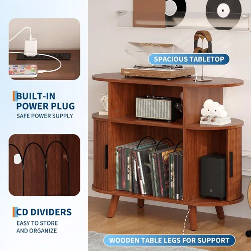 Miniatura 6 de GarveeHome Soporte redondo grande para tocadiscos con estación de carga y puertos USB, soporte para tocadiscos de vinilo rústico, gabinete