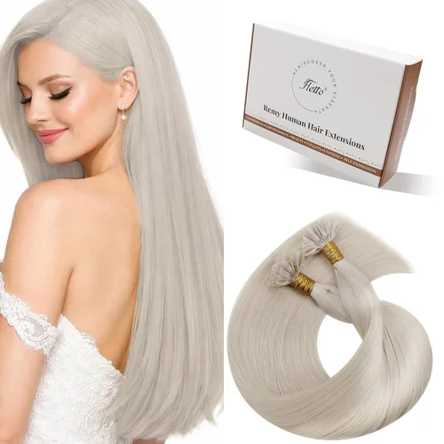 Miniatura 58 de Hetto Extensiones de cabello humano con nano cuentas, balayage, extensiones de cabello humano, color negro degradado a plateado, extensiones
