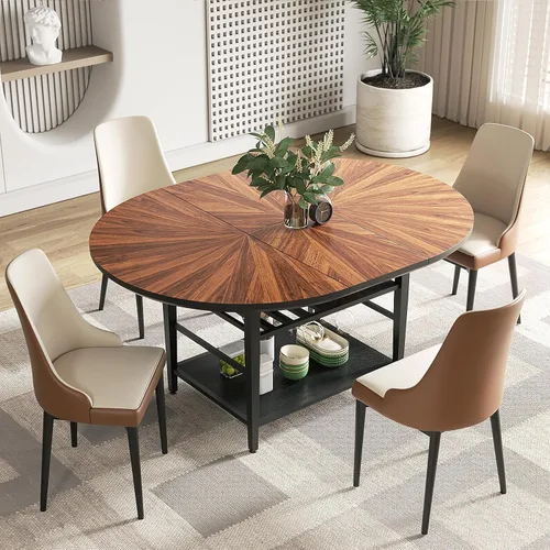 Miniatura 14 de Juego de mesa de comedor redonda de 47 pulgadas para 4-6 personas, juego de mesa de comedor grande de cocina estilo granja con sillas y estante