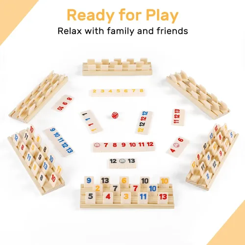 Miniatura 2 de Rummy Cube - Edición para 6 jugadores con 6 bastidores y bandejas de madera, juego de 160 fichas de Rummy de números grandes con funda