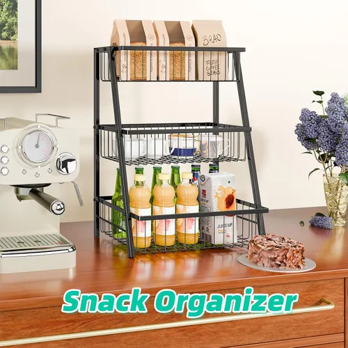 Miniatura 6 de Simple Trending canasta de frutas de 3 niveles trapezoidal con 4 ganchos para plátanos, organizador de cocina extra grande de alambre de metal