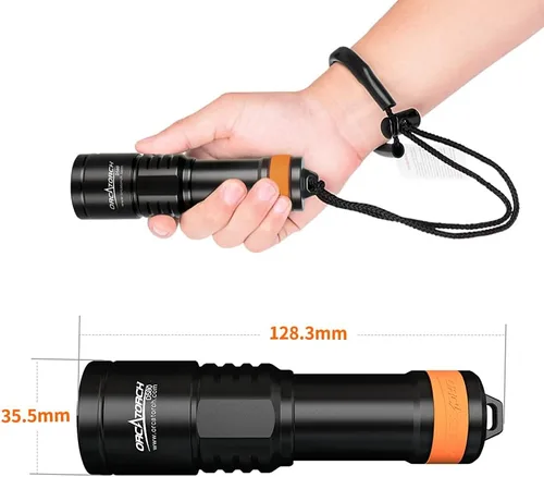 Miniatura 7 de ORCATORCH Luz de buceo D580, linterna subacuática máxima de 530 lúmenes con haz estrecho de 6 grados, interruptor giratorio impermeable IP68