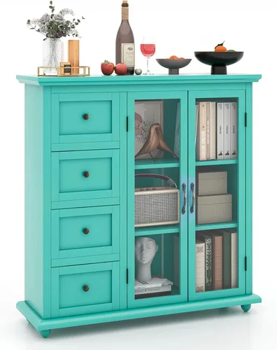 COSTWAY Aparador de buffet, armario de almacenamiento de cocina con 4 cajones, 2 puertas de vidrio templado, mesa de buffet, armario decorativo para