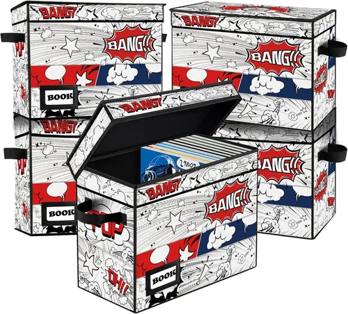 Miniatura 24 de Paquete de 2 cajas de almacenamiento para cómics, colección de 40 cm x 20 cm x 30 cm, plegable, contenedor organizador para 160-180 cómics, estante