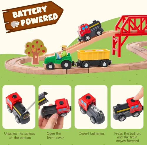 Miniatura 4 de Giant bean Juego de tren de granja de madera de 42 piezas para niños pequeños, tren que funciona con pilas, vía de tren con puente, granero, Juego