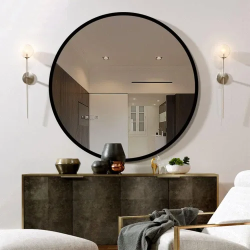 Miniatura 6 de Espejo de tocador redondo con marco de metal negro (30 pulgadas), moderno montaje en pared para decoración del hogar, vidrio para baño para sobre