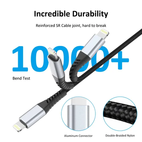 Miniatura 5 de Cable corto de carga para iPhone de 6 pulgadas, paquete de 3 cables USB a Lightning de 0.5 pies, cable corto trenzado para iPhone de carga rápida