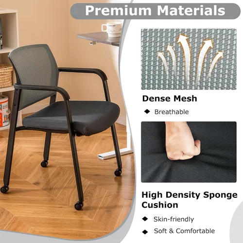 Miniatura 6 de Giantex Juego de 2 sillas de sala de espera, sillas de escritorio de oficina con ruedas de poliuretano, reposabrazos, silla apilable para oficina