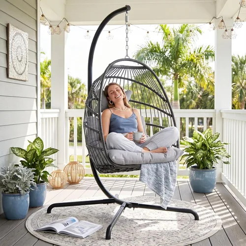 Miniatura 13 de RADIATA Silla de huevo para exteriores con soporte, 350 libras, silla colgante resistente con cojín acolchado, hamaca plegable de ratán resistente a