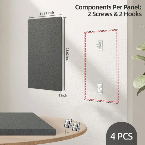 Miniatura 2 de Art3dwallpanels 4 PCS Paneles Acústicos, 24''x12'' Paneles de Pared de Tela Insonorizados, Paneles de Absorción de Sonido de Montaje Fácil con Gris