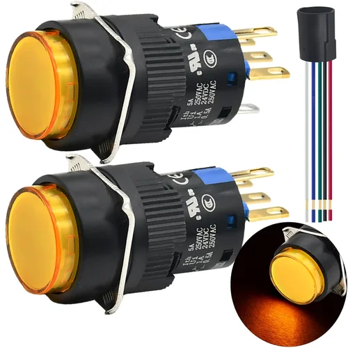 Miniatura 8 de Interruptor de botón pulsador de 0.630 in, 0.63 pulgadas, certificación UL redondo con luz LED de 24 V CC, 1 NC, SPDT, 5 pines con enchufe de Verde