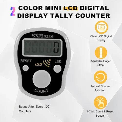 Miniatura 2 de Contador de dedo manual, clicker digital, paquete de 5 unidades, contador de puntadas para tejer, led, dígitos ajustables, pantalla LCD electrónica