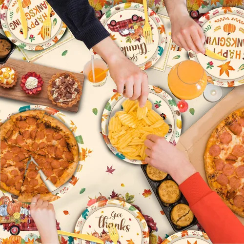 Miniatura 6 de 140 piezas Decoraciones de Fiesta de Acción de Gracias Feliz Otoño Platos de Hojas de Arce y Servilletas Juego de Vajilla para Cosecha de Otoño