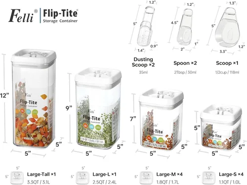 Miniatura 3 de Felli Flip Tite Recipiente de almacenamiento de alimentos con cuchara y tapa, anillo hermético grande de 5 pulgadas, recipiente acrílico para harina