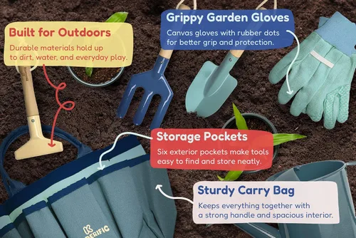Miniatura 4 de Kinderific Juego de herramientas de jardinería, para niños, STEM, incluye bolsa de mano, pala, regadera, rastrillo, tenedor, paleta y guantes